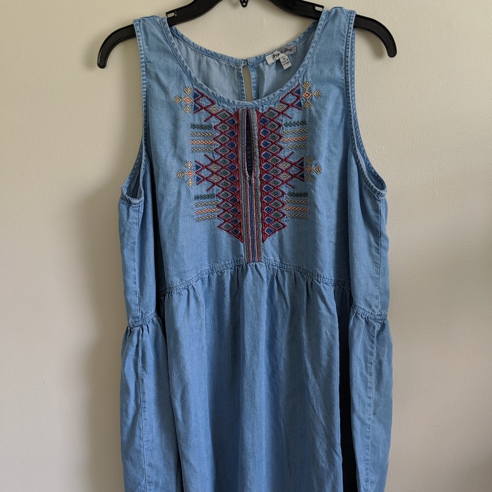 Chambray Embroidered Sleeveless Dress